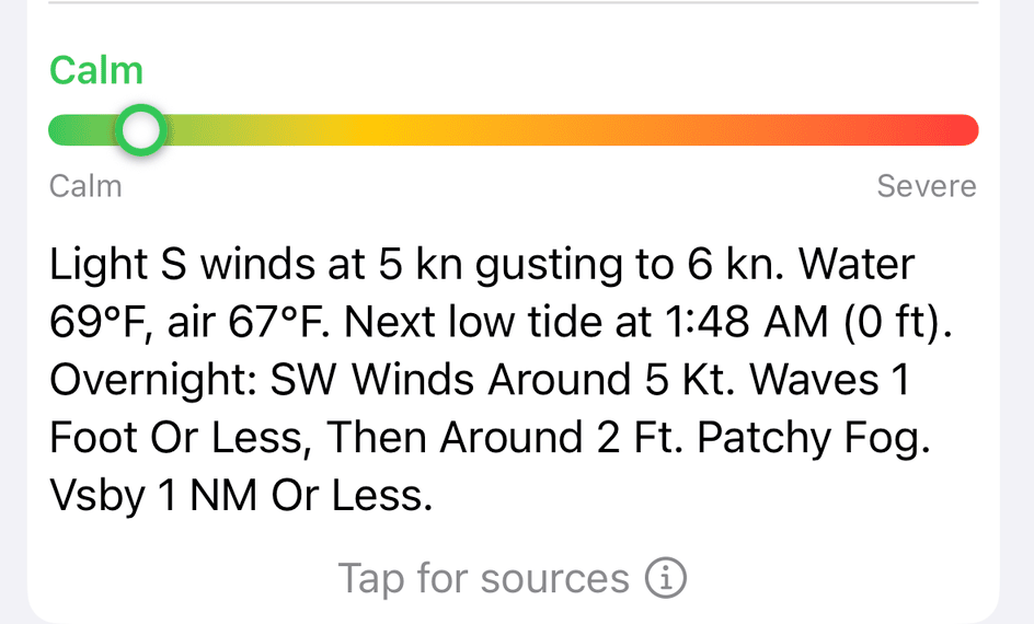 The Buoycast conditions card: a calm-to-severe gauge reading Calm, above the summary "Light S winds at 5 kn gusting to 6 kn. Water 69F, air 67F. Next low tide at 1:48 AM."